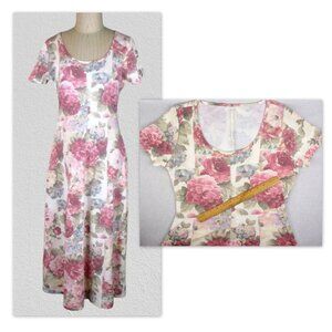 Fit & Flare Midi Dress Vintage 1990s Pink Roses Cotton Blend Jersey Knit